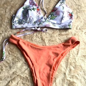 Womens Small Floral and Light Orange Paired Bikini EUC CLEAN